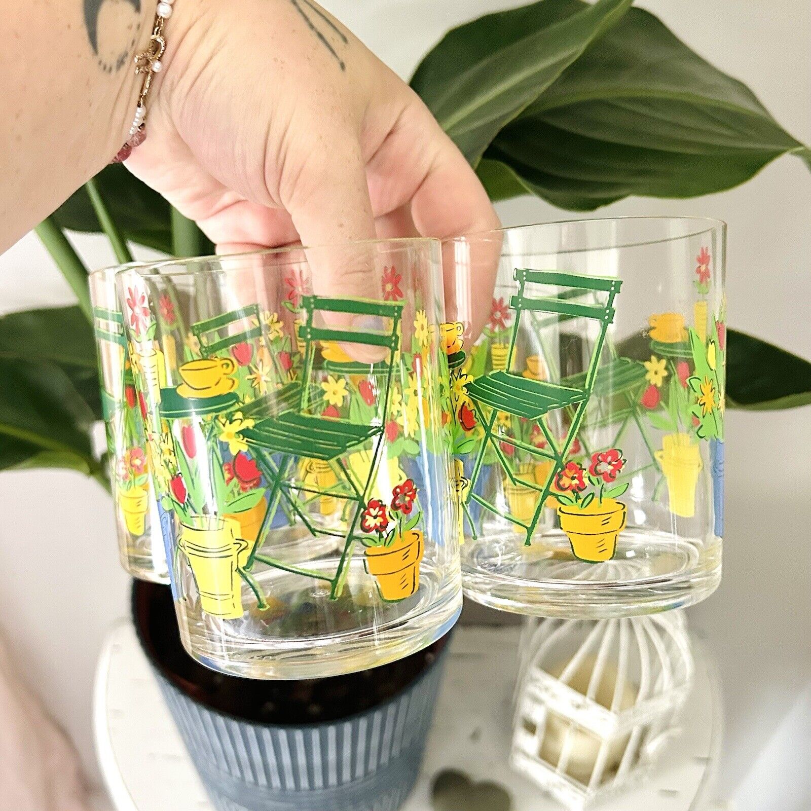 Set Of Four Vintage Plastic Garden Cups With Plants & Flowers Cottage Core
