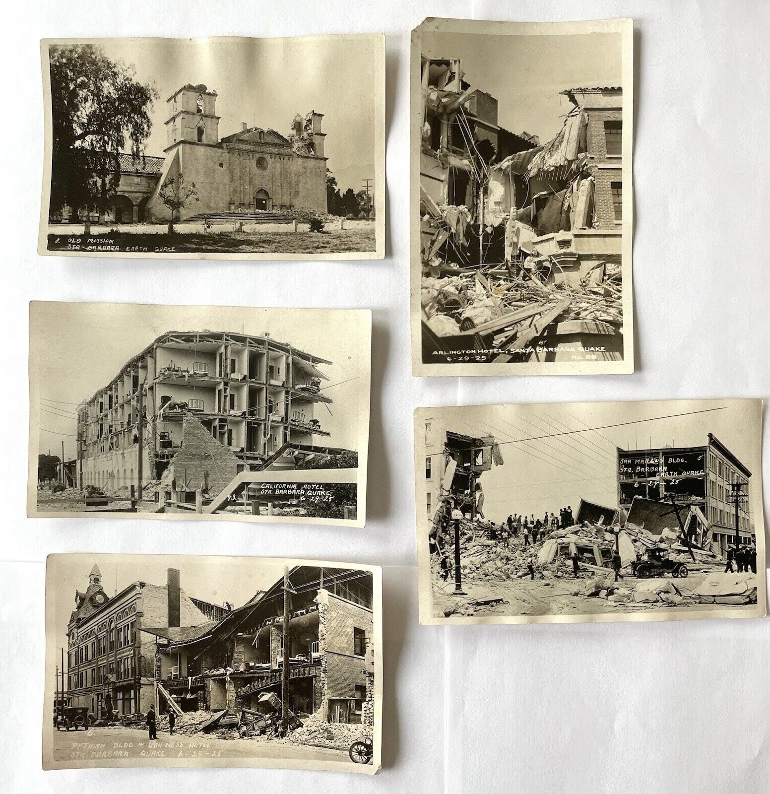 5 Vintage Postcards 1925 Santa Barbara CA Earthquake, Hotels, Mission, Buildings