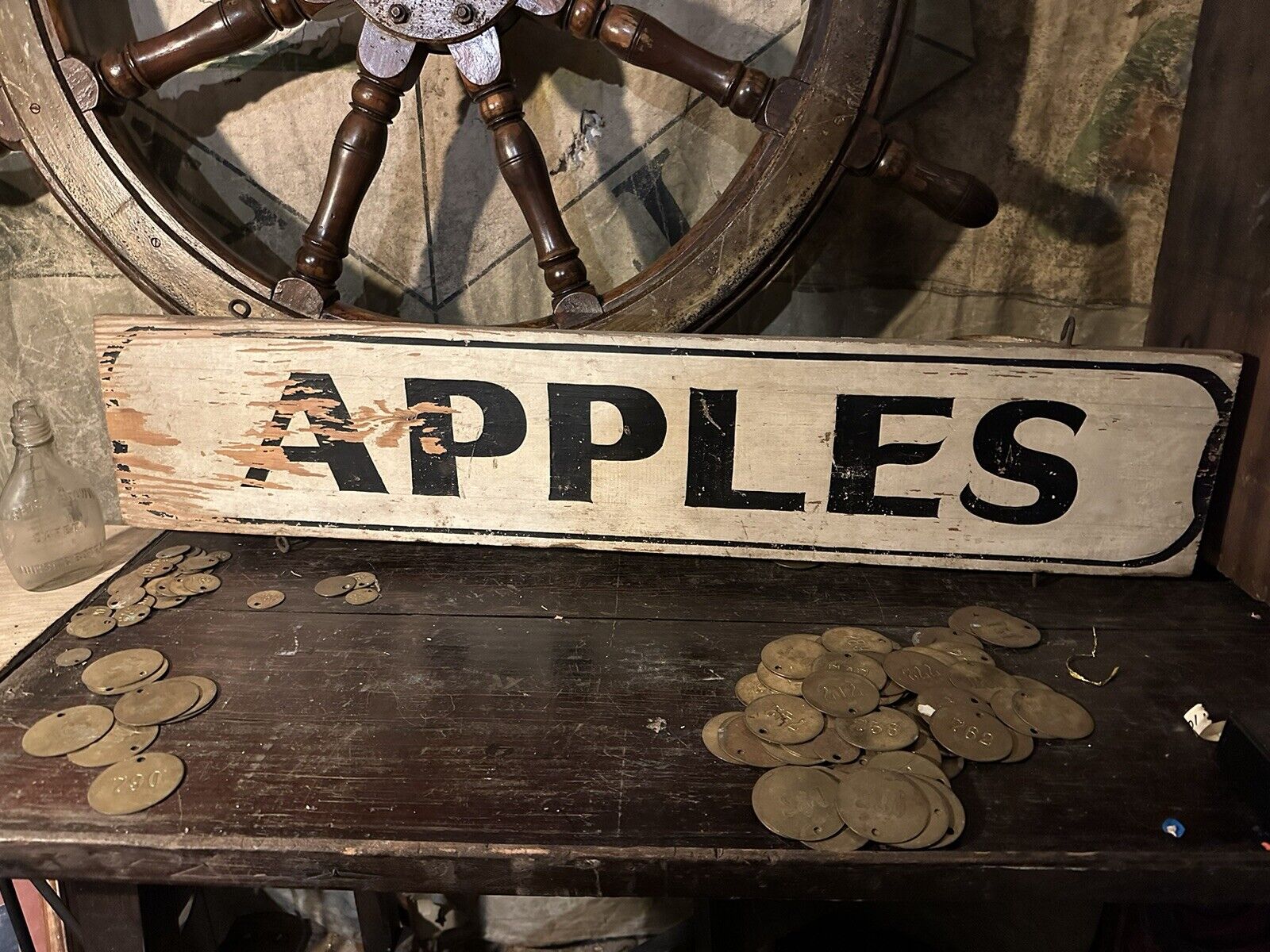 1940s Apples Orchard Folk Art Advertising sign Trade farmhouse Bar Cafe Wood