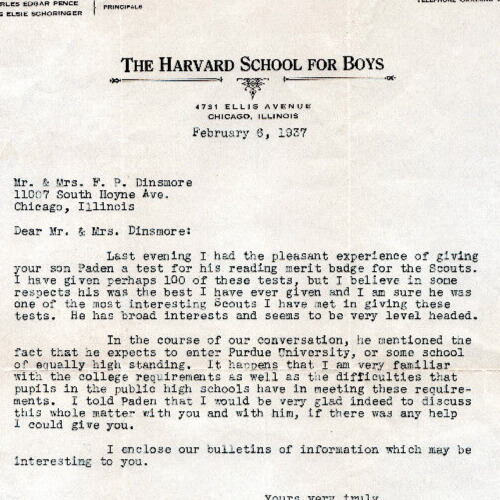 1930\'s Harvard School for Boys Chicago IL Letterhead Dinsmore Charles Pence