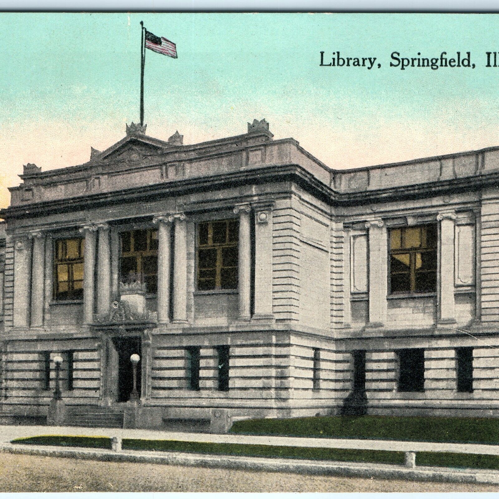 c1910 Springfield, ILL Library Building Architecture Litho Photo Postcard IL A82