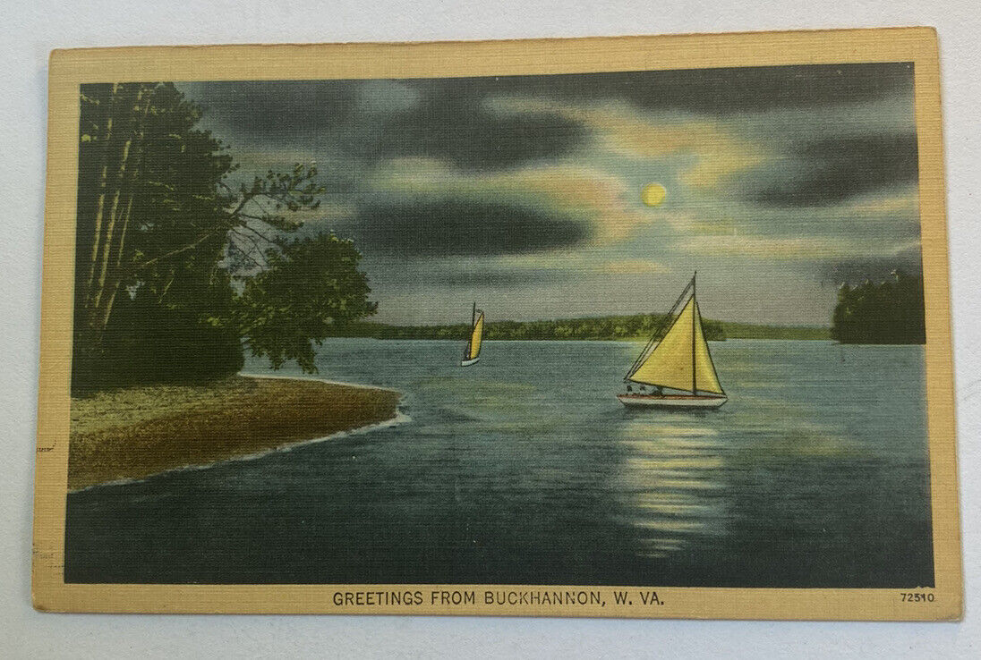 Vintage Postcard c1946 ~ Moonlight Sailing Scene ~ Buckhannon West Virginia WV