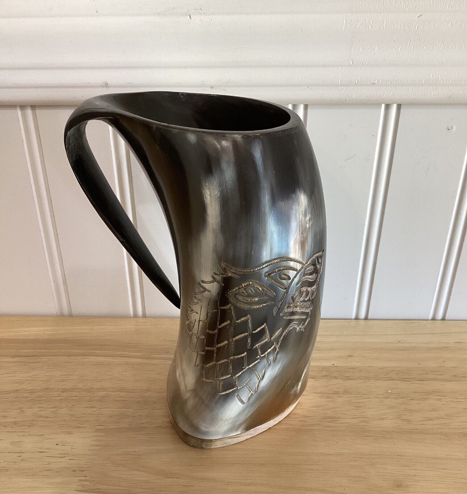 Viking Culture Horn Mug , Engraved Wolf ,  6 Inches