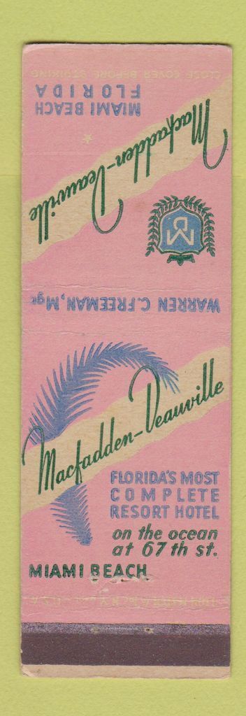 Matchbook Cover - Macfadden Deauville Resort Hotel Miami Beach FL