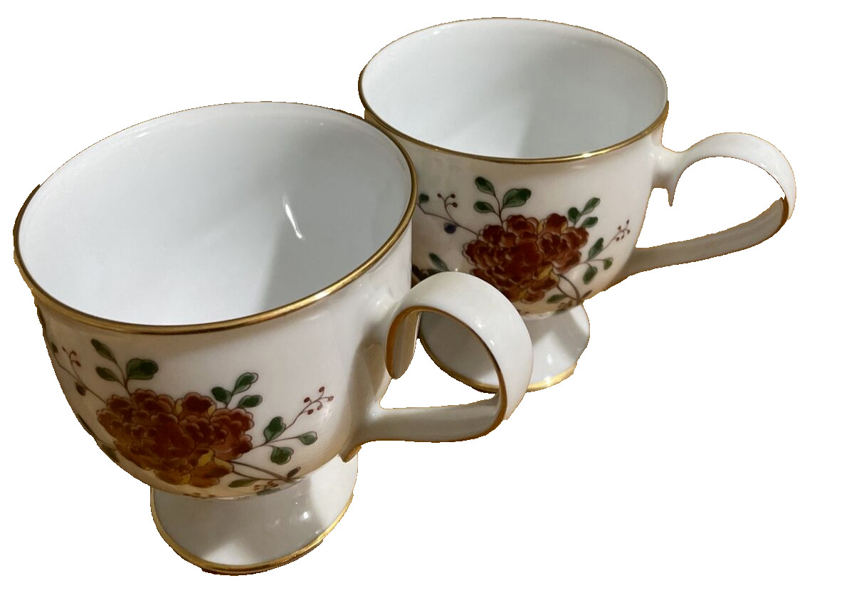 Noritake Ireland Footed Fine China Cups White Red Blue Gold Trim 3.5 in Pair