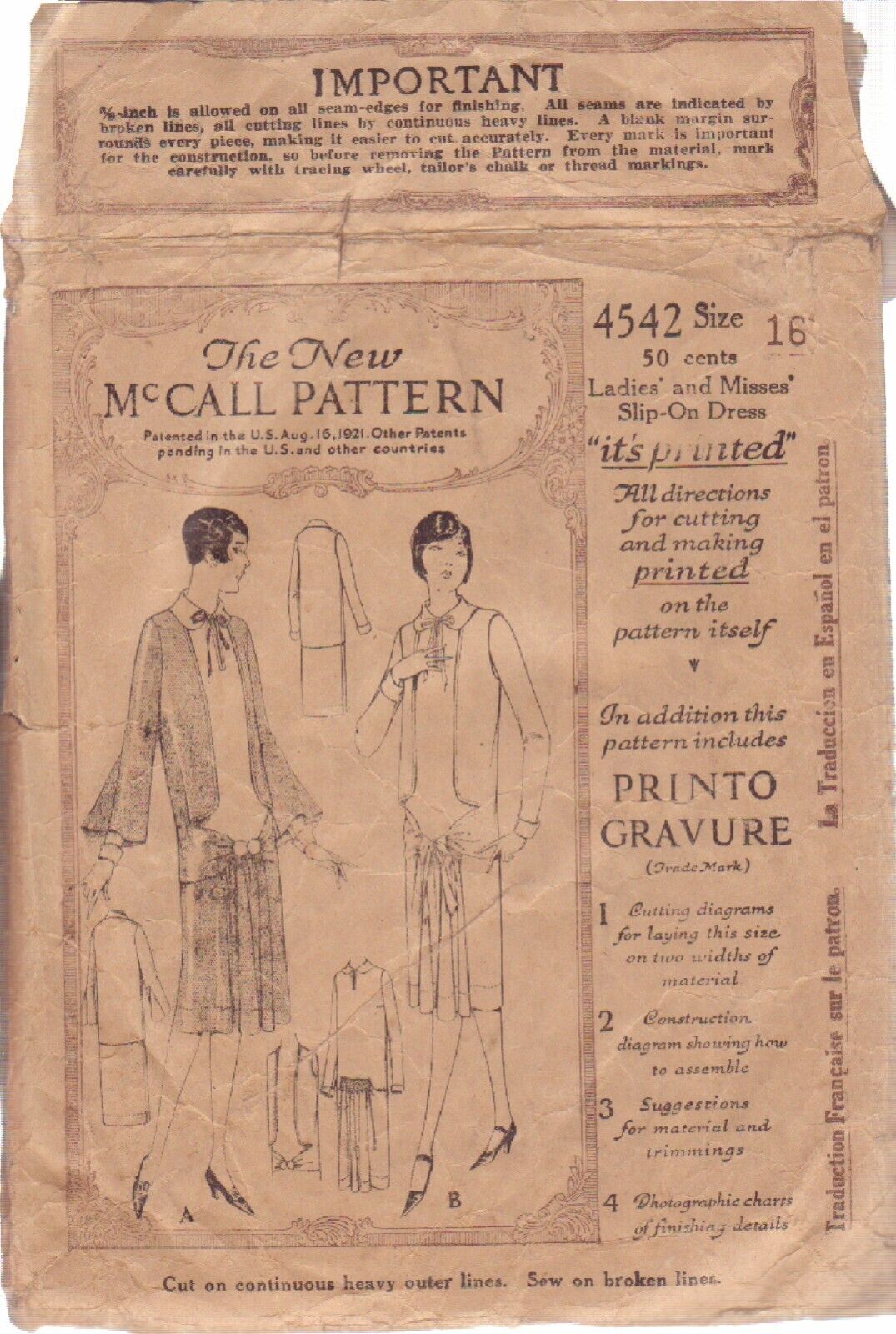 McCALL\'S 1921 VINTAGE PATTERN 4542 SIZE 16 MISSES\' DRESS IN 2 VARIATIONS