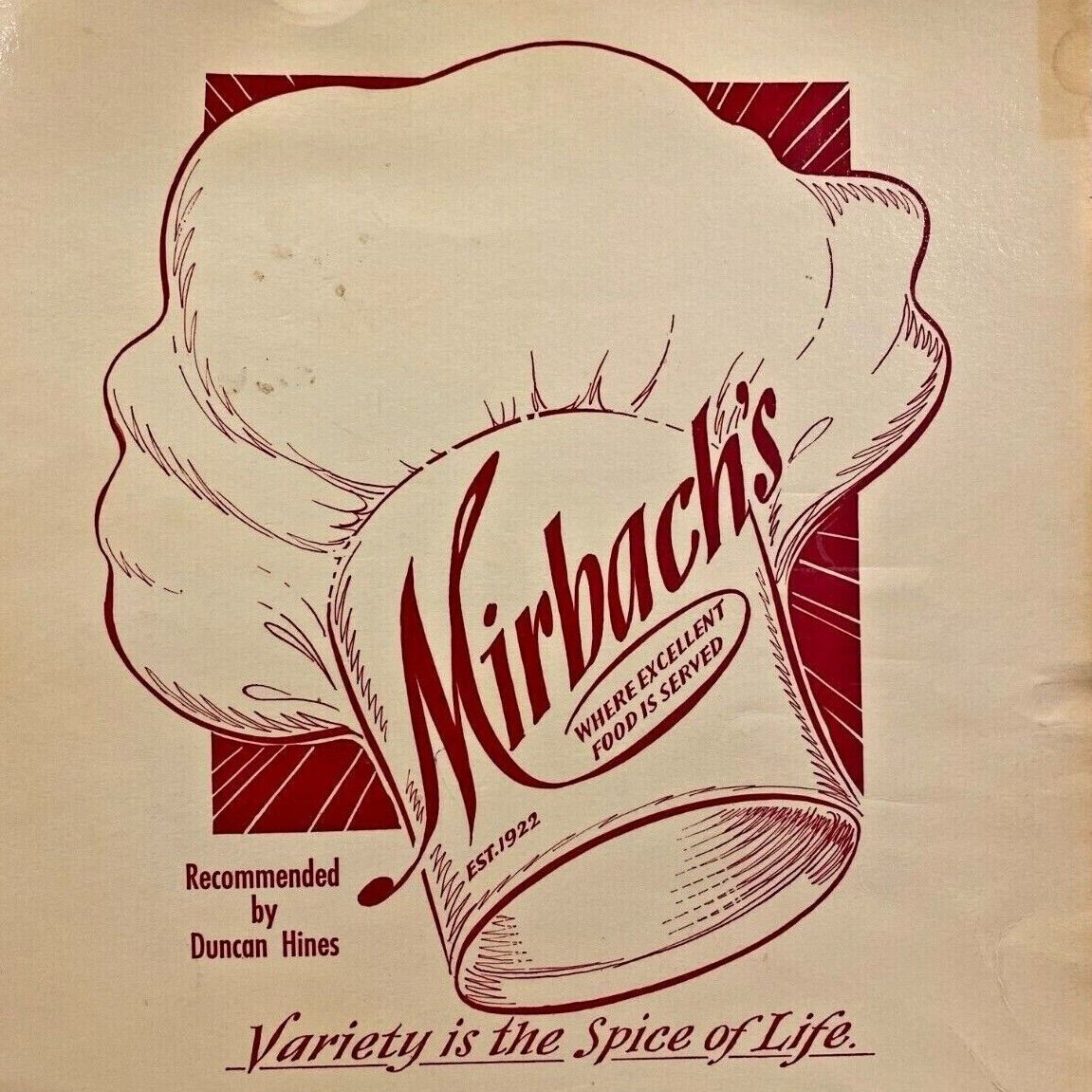 1960s Mirbach\'s Restaurant Menu Duncan Hines Butternut Street Syracuse New York