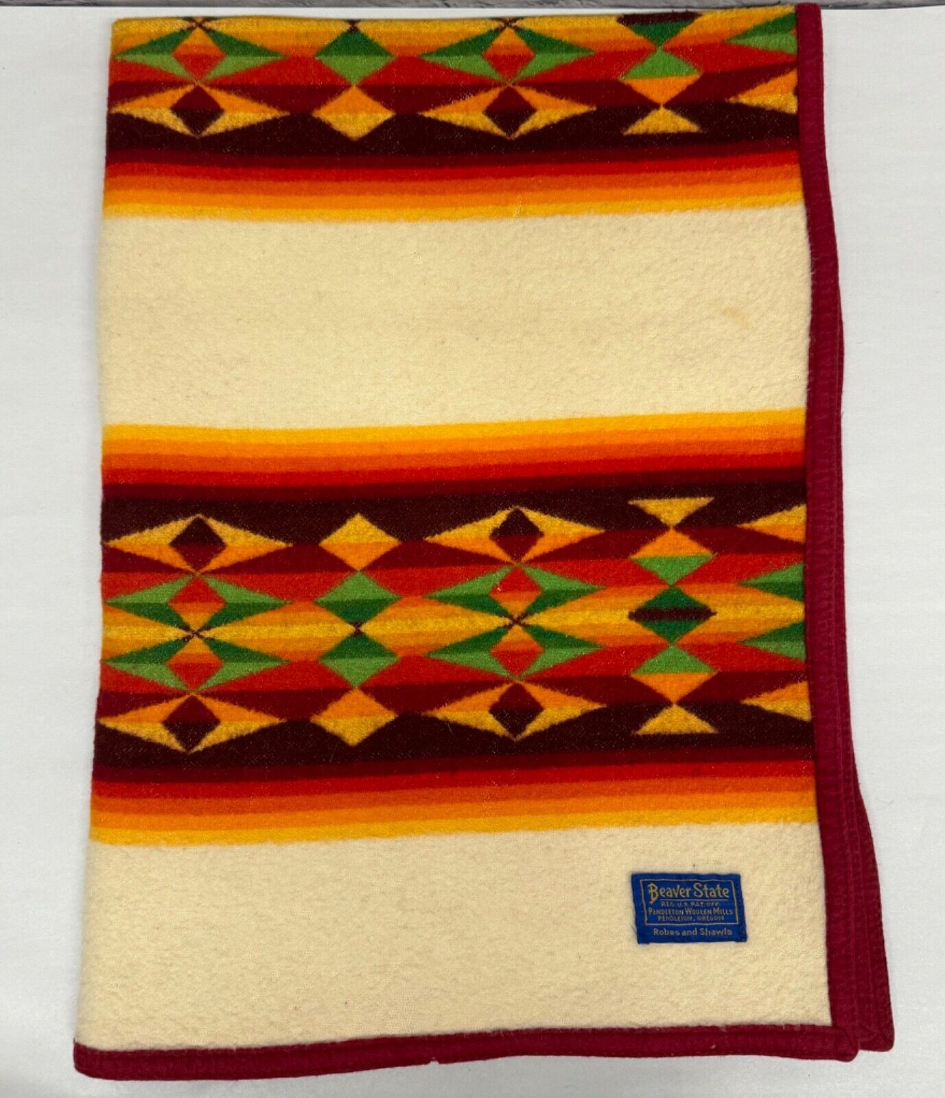 Vtg Beaver State Pendleton Wool Small Lap Throw Blanket Shawl Aztec 42”x30”