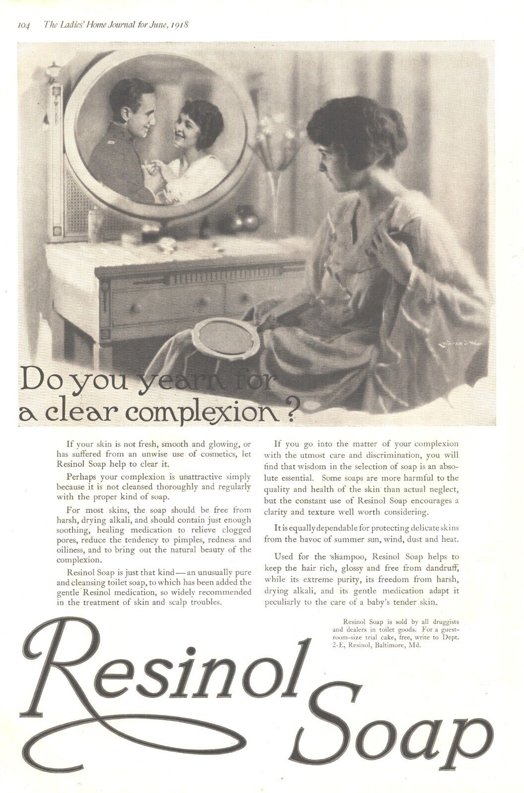 1918 Resinol Soap Antique Print Ad World War I Soldier Clear Complexion Mirror