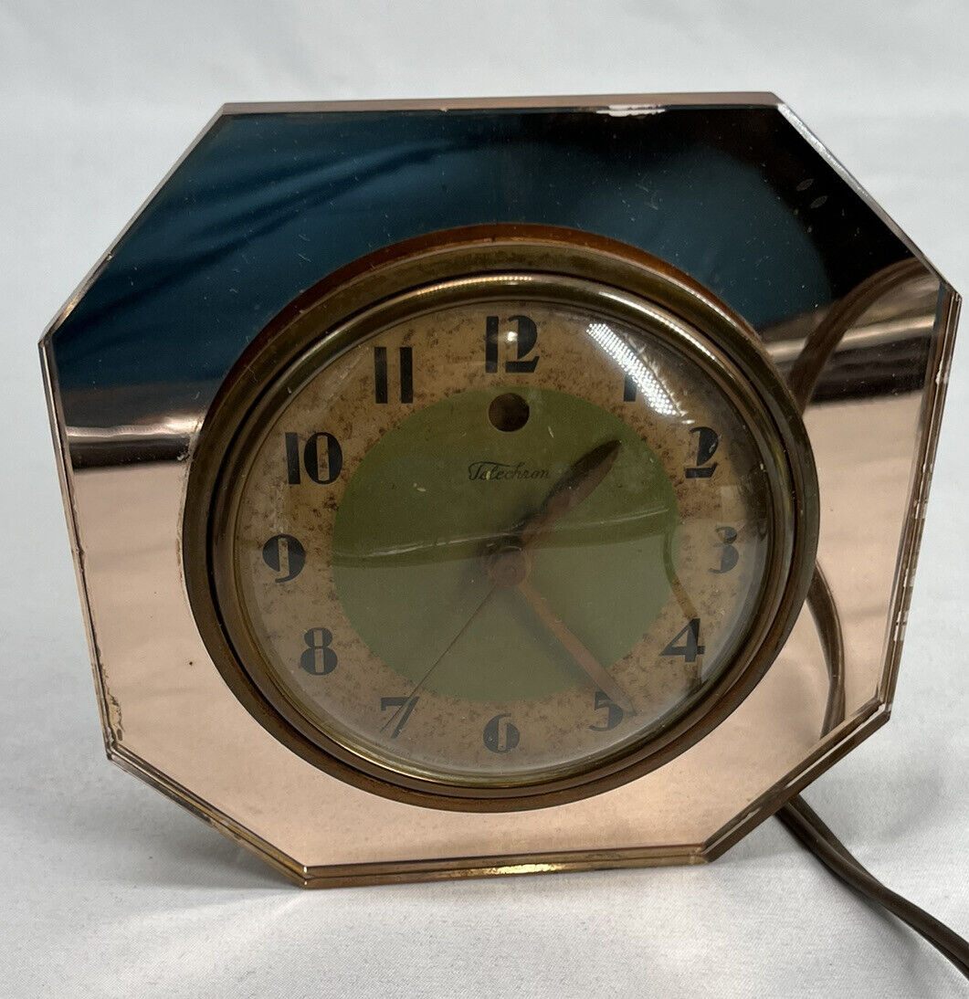 Art Deco TELECHRON MIRROR GLASS Desk CLOCK - tested and working