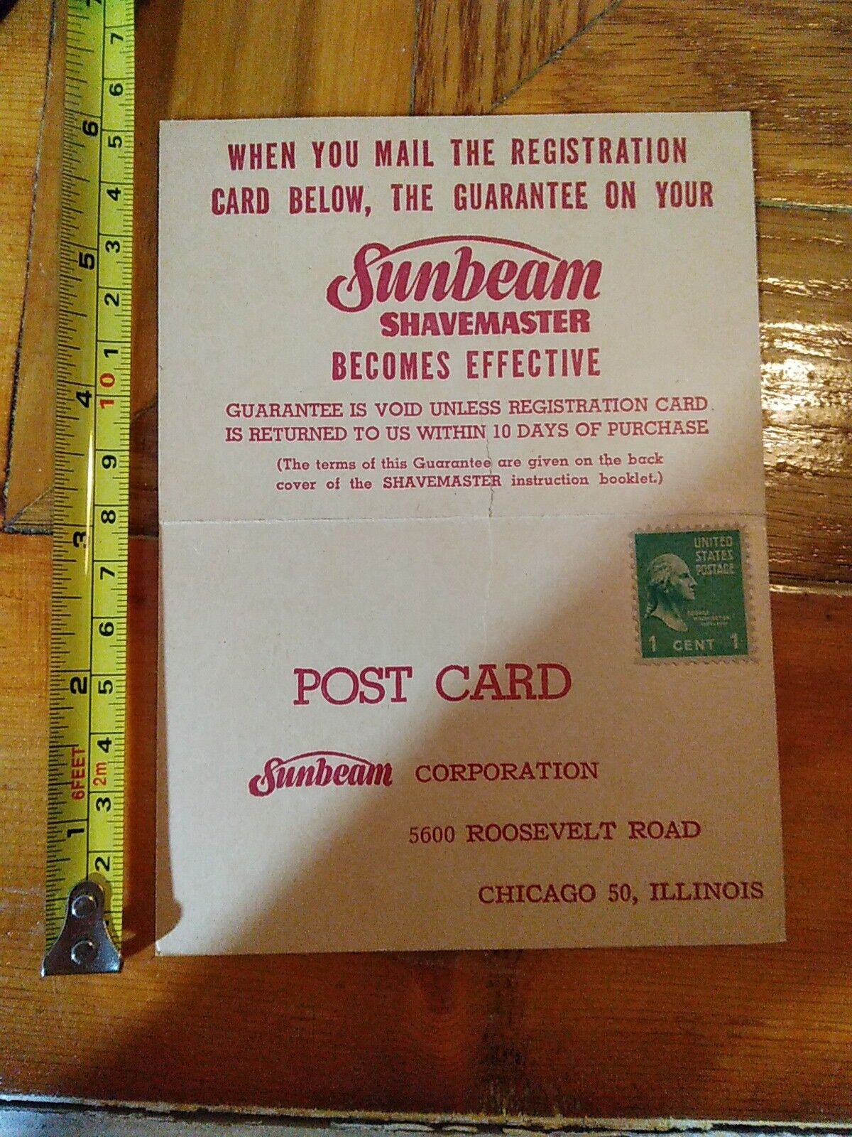 George Washington 1 Cent Stamp On Vintage Sunbeam Shavemaster Advertisement Card