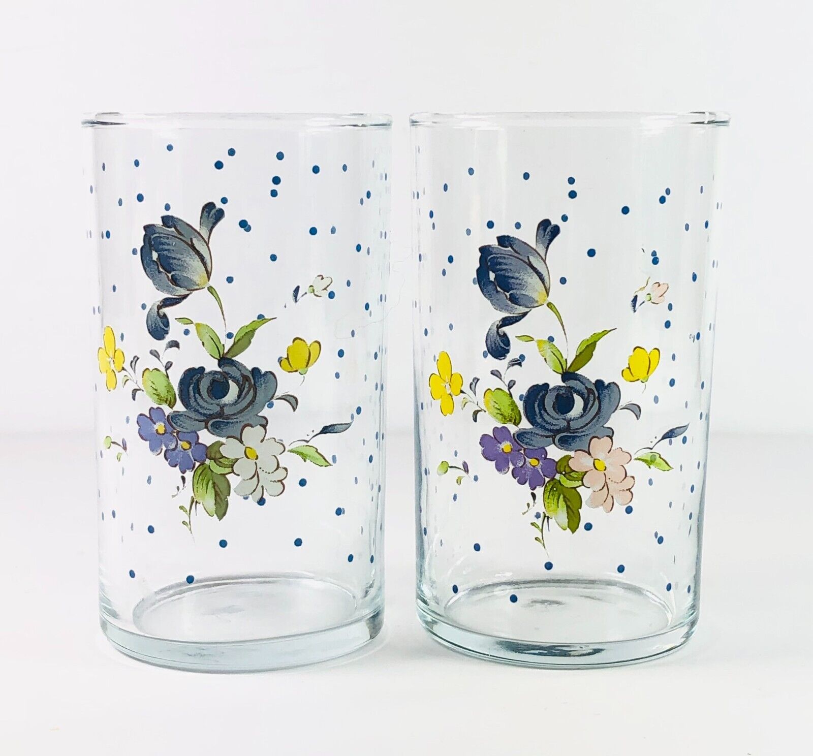 2 Libbey Fruit Juice Glasses Blue Dots Floral Spray 6 oz 4\