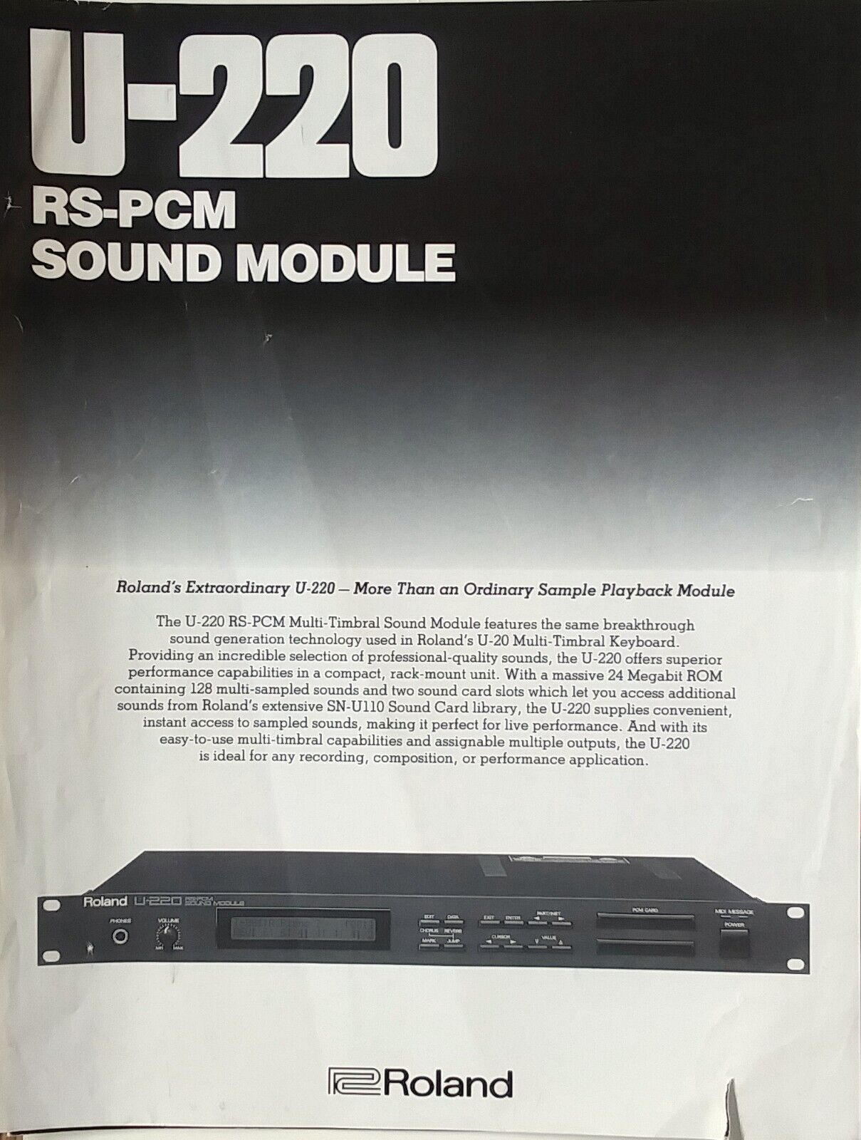 Roland U-220 Synthesizer Rack Mount MIDI Sound Module Brochure, Original Sheet.
