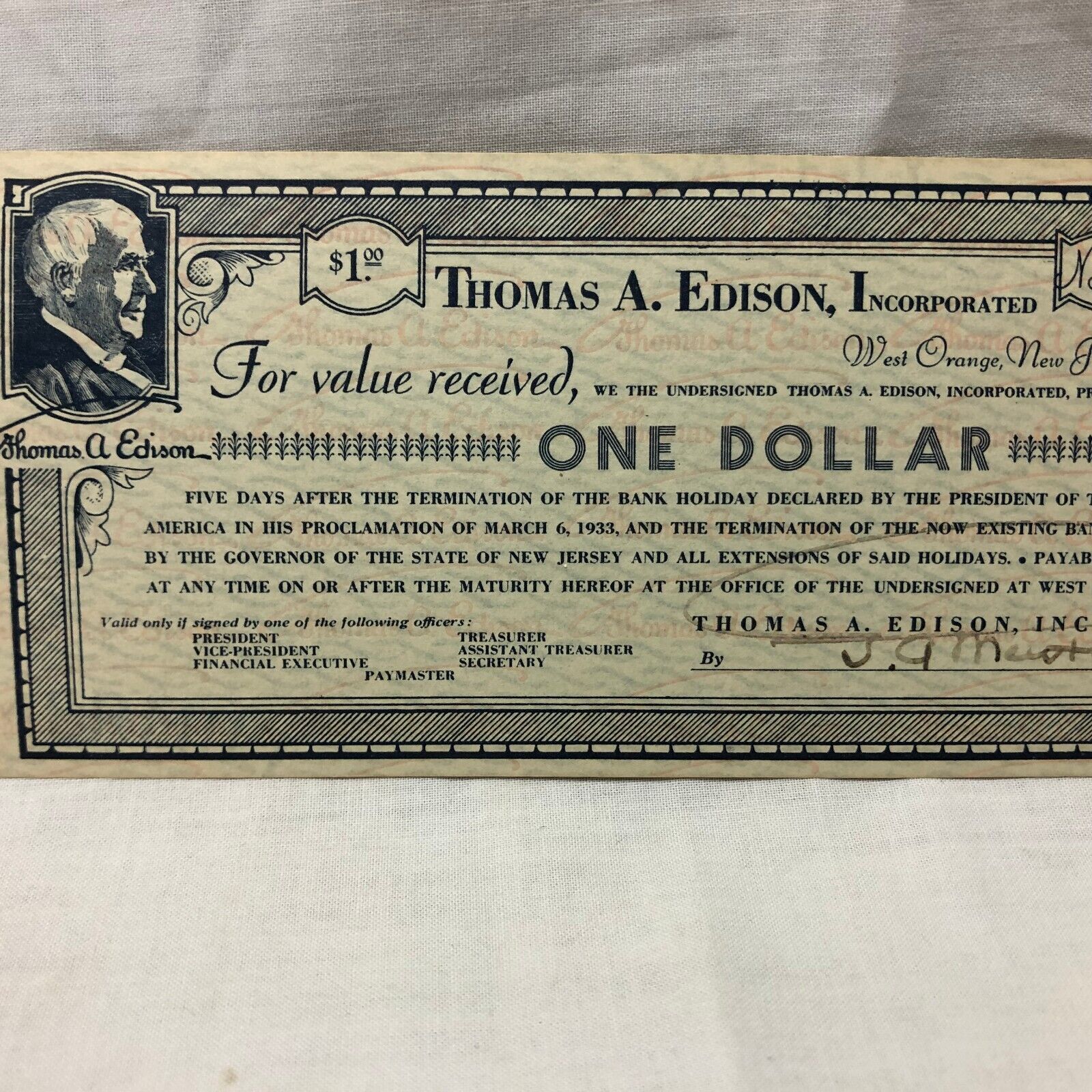 Vintage 1933 Thomas A Edison Certificate