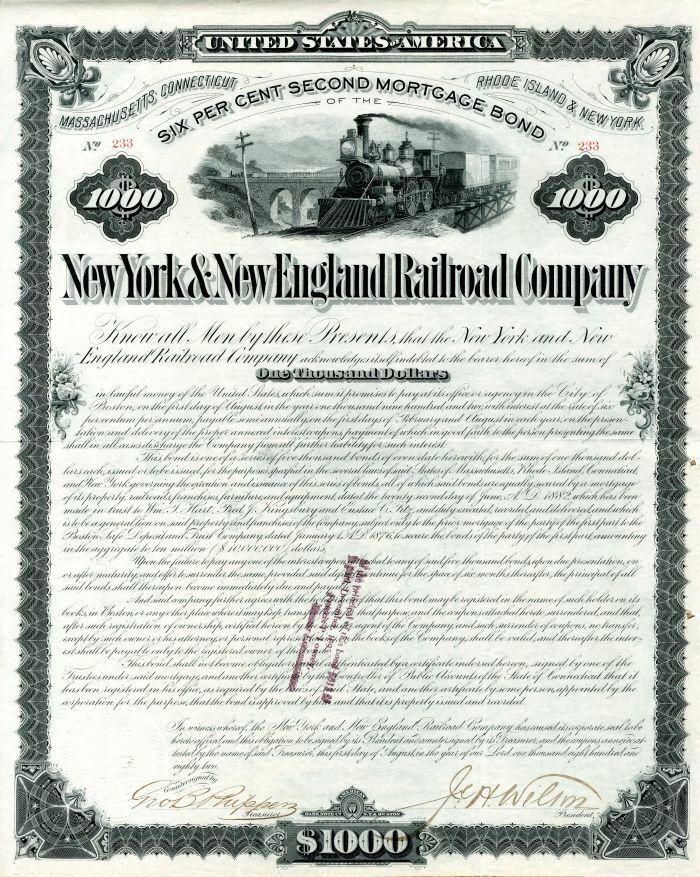 New York and New England Railroad Co. - $1,000 Bond - Railroad Bonds