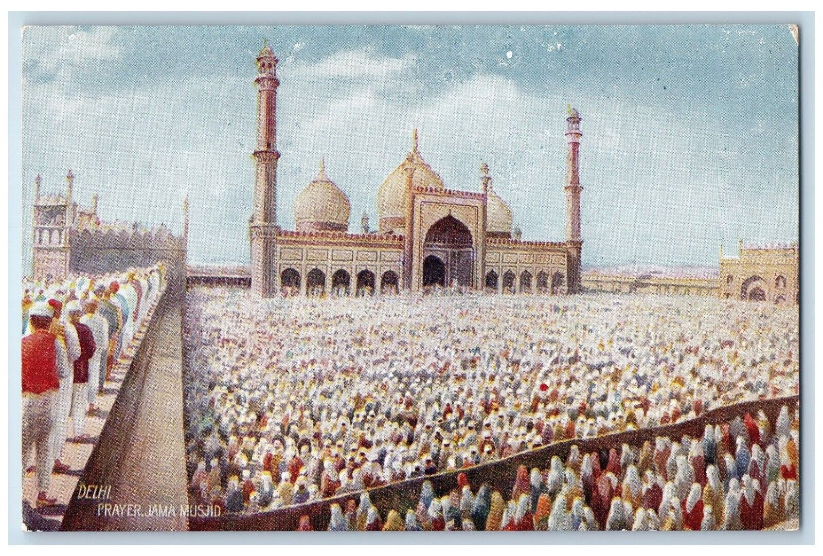 c1910's Prayer Jama Musjid Delhi India Oilette Tuck's, Largest Mosque Postcard
