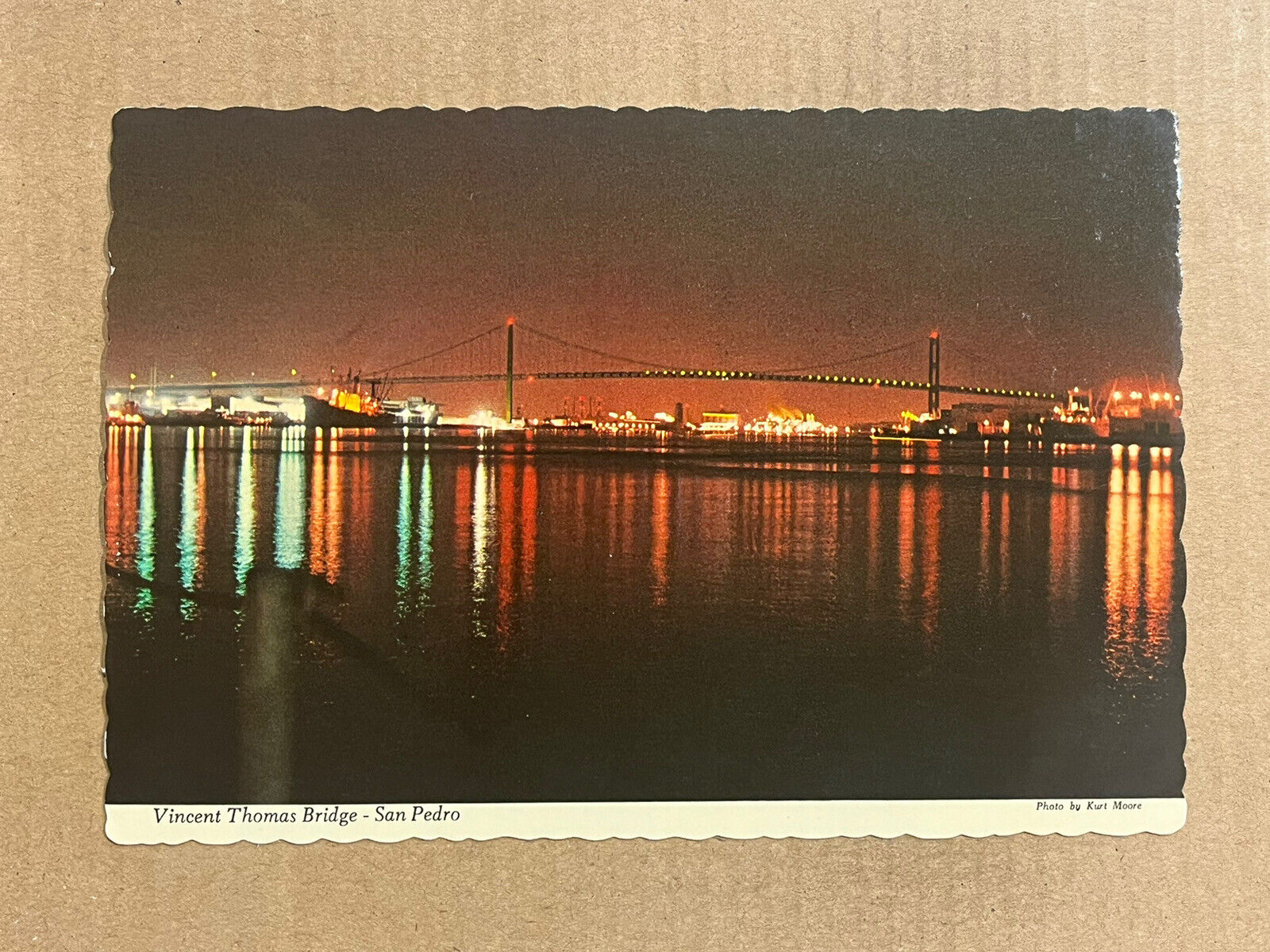 Postcard Los Angeles CA Harbor San Pedro Vincent Thomas Bridge Night Lights