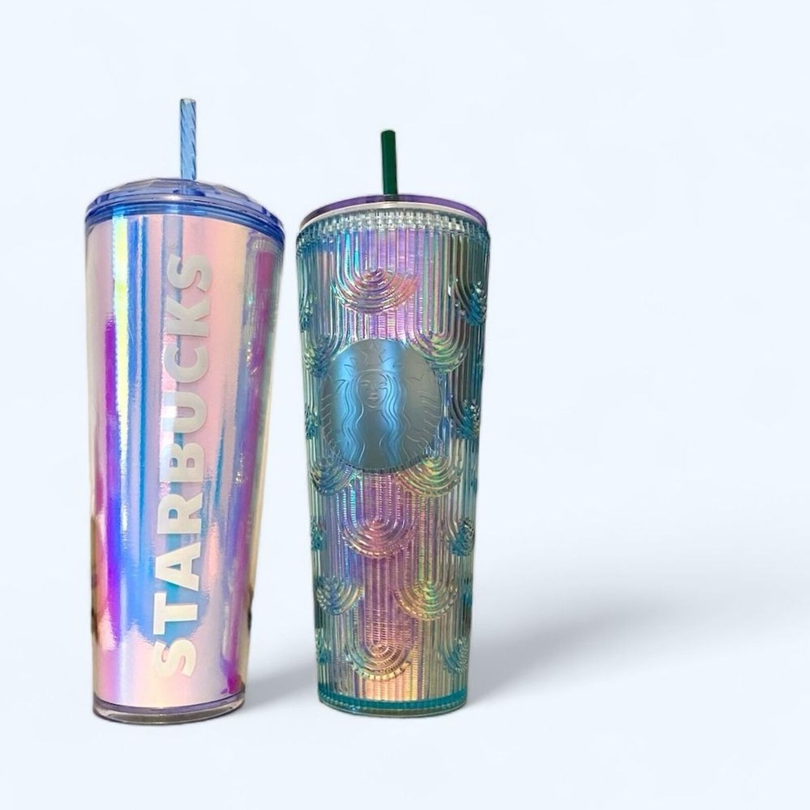Starbucks 2 Iridescent Tumblers Cups Ice Lid Straw 24oz Venti Mermaid Rainbow