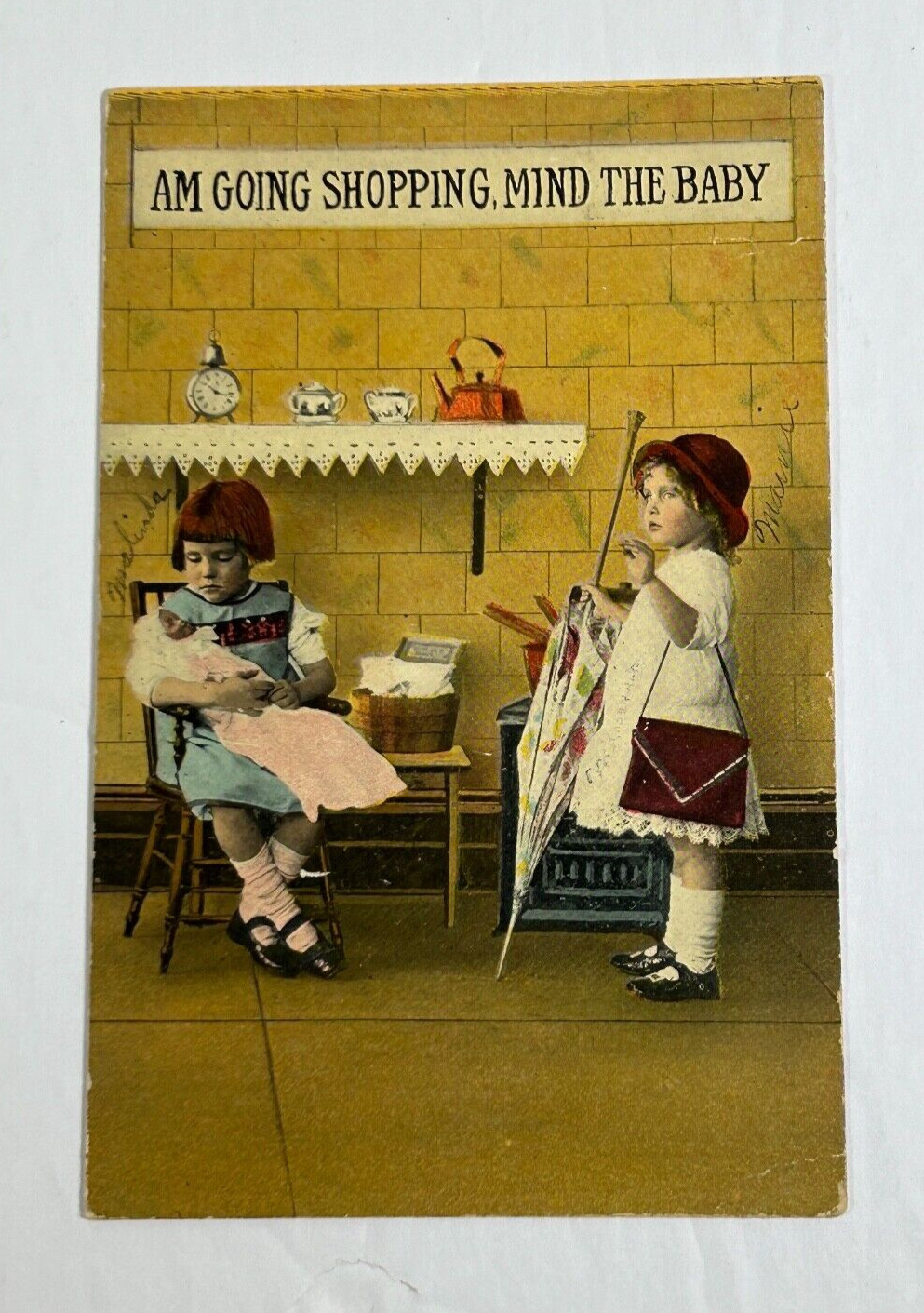 Postcard - Humor Am Going Shopping Mind The Baby Posted 1914 Children Playing