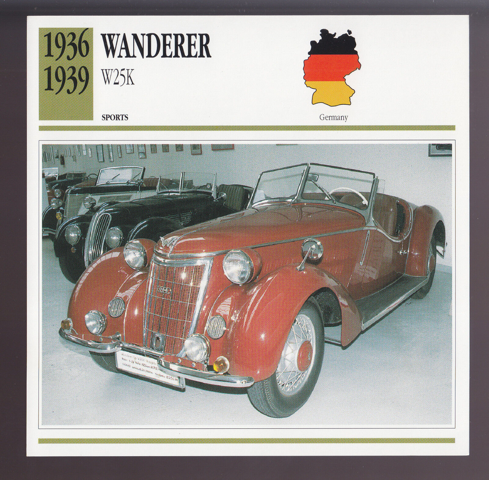 1936-1939 Wanderer W25K German Sports Car Photo Spec Sheet Info CARD 1937 1938
