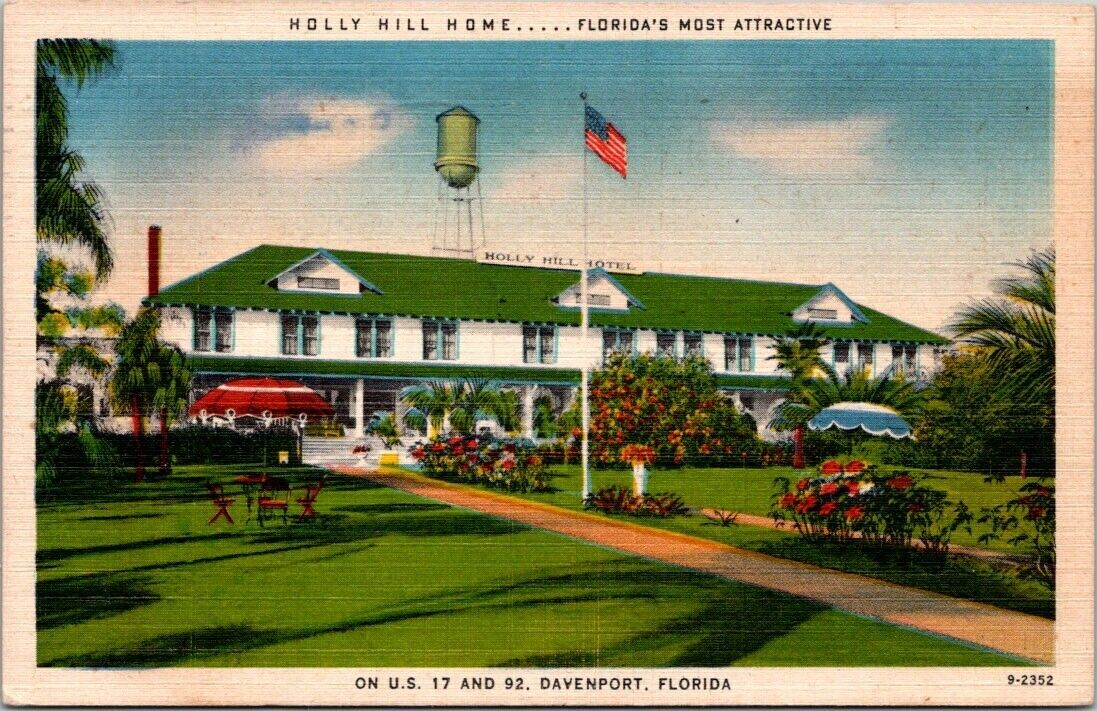 Davenport FL Holly Hill Hotel Home US 17 92 Water Tower Flag Linen postcard BP1