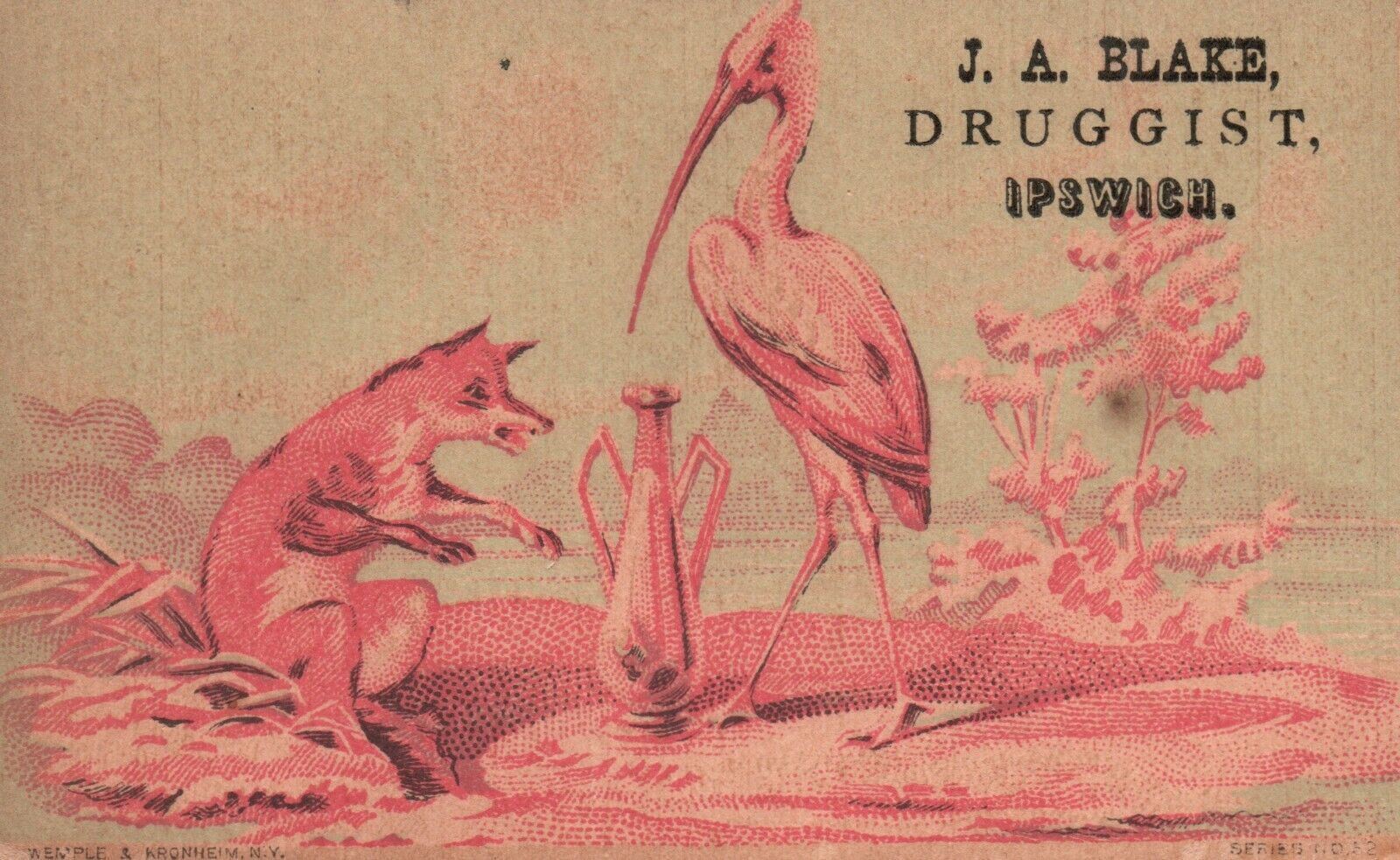 1880s-90s Fox and Bird at Play J.A. Blake Druggist Ipswich MA Trade Card