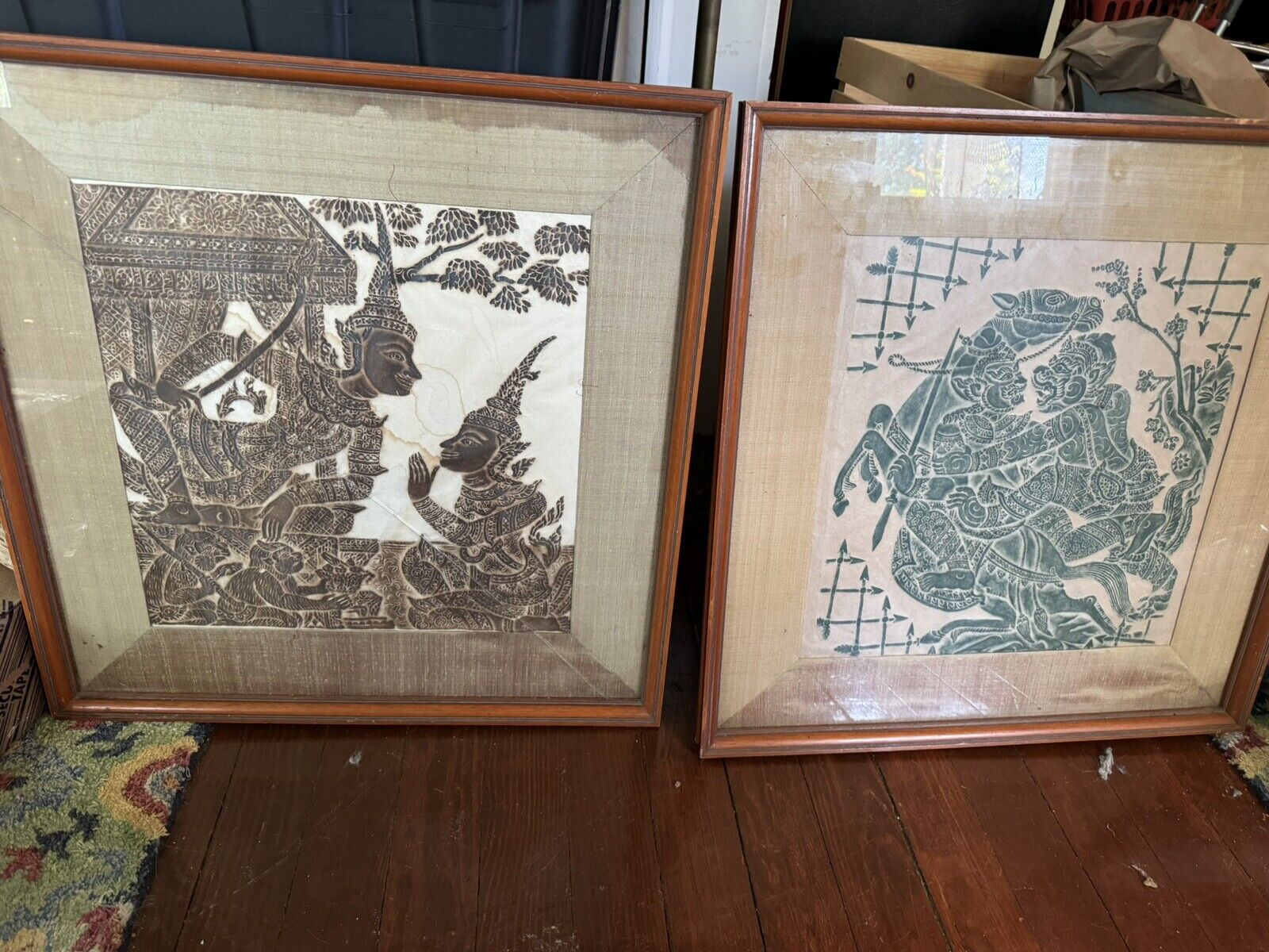 2 VTG Green & Brown Thai Art Charcoal Temple Rubbing Rice Paper Framed 24 x 24