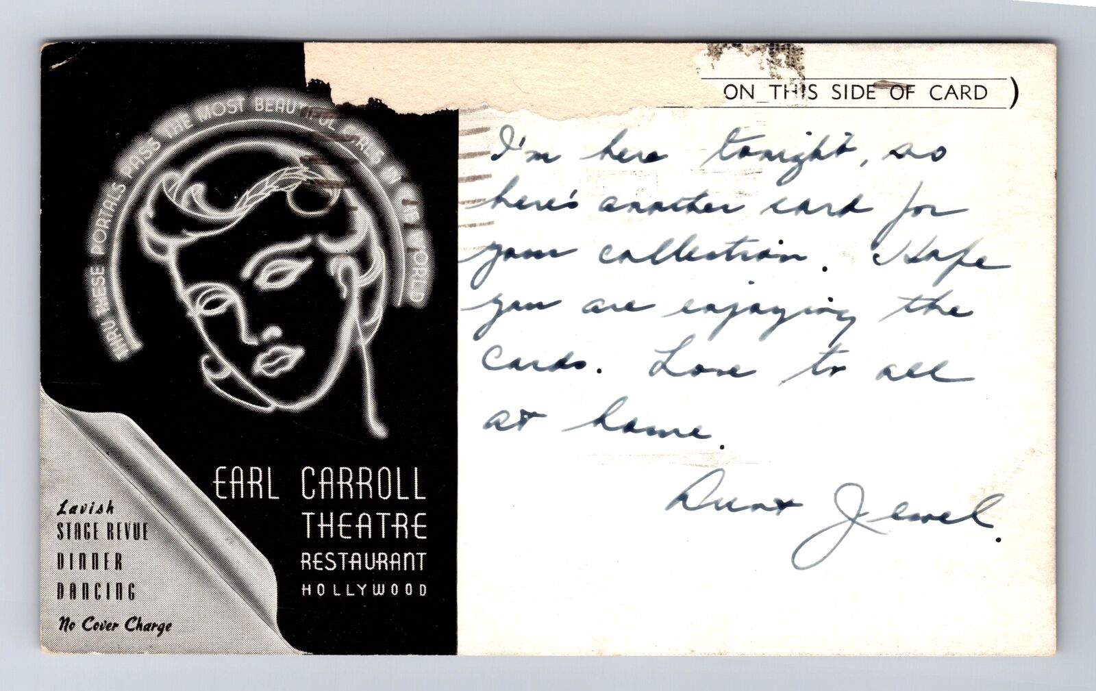 Hollywood CA-California, Earl Carroll Theatre Restaurant Vintage c1939 Postcard