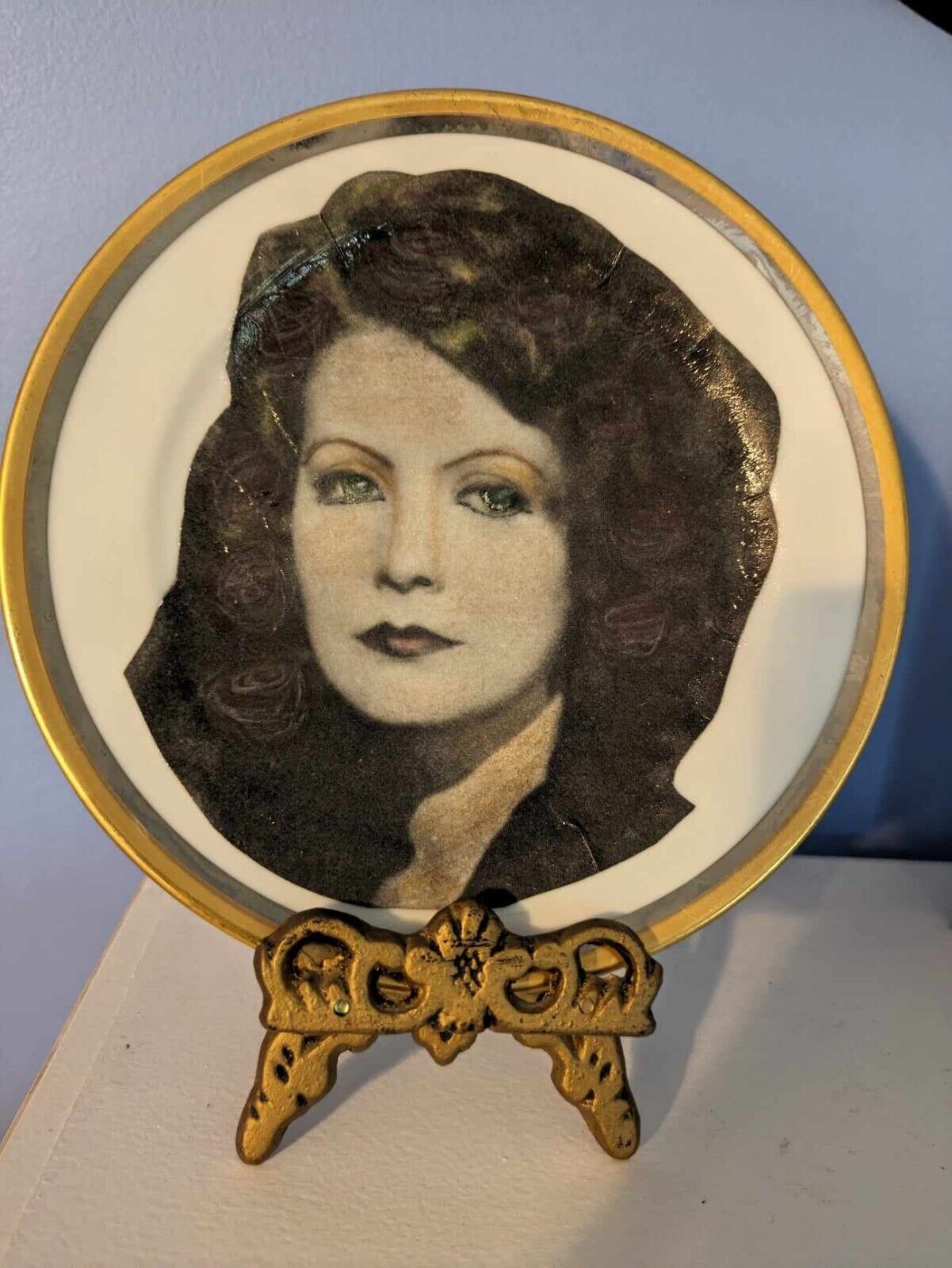 Greta Garbo decoupaged enhanced on plate