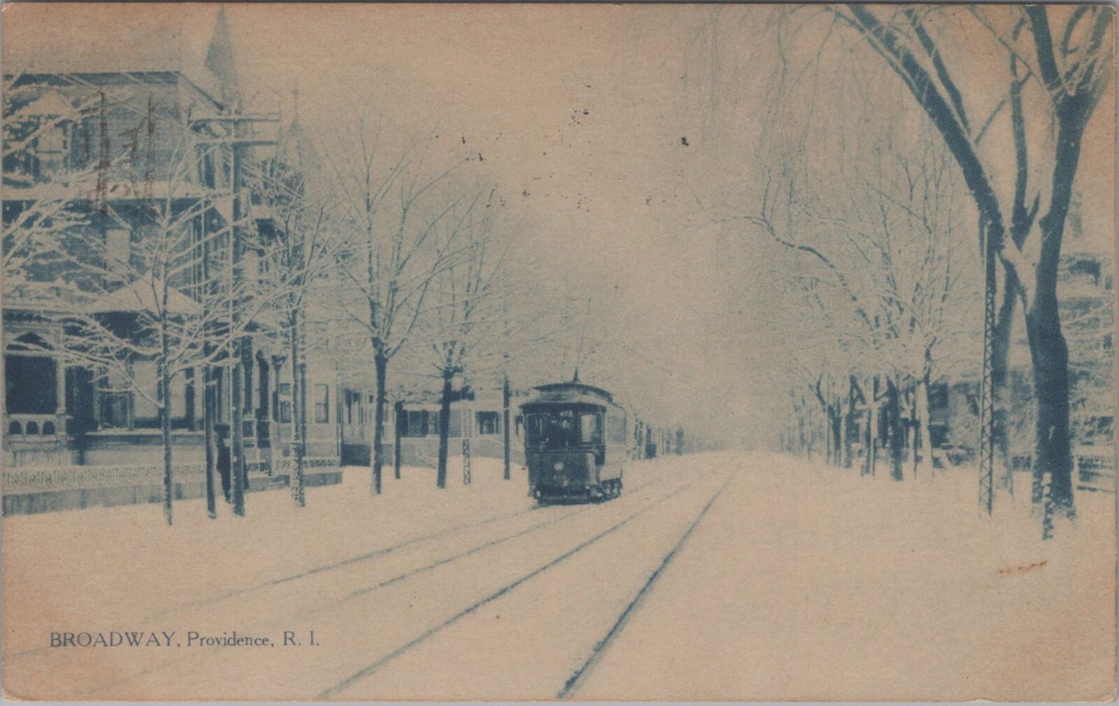 Broadway Providence Rhode Island Trolley Snow Scene 1908 Postcard