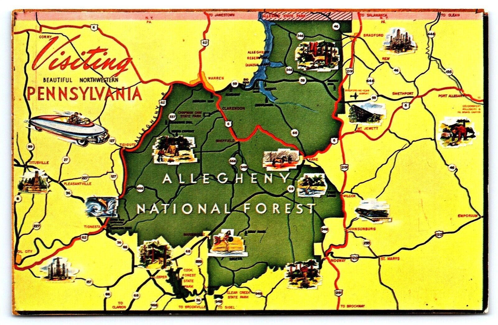 PA Visiting Northwestern PA Novelty Map, Allegheny Nat'l Forest, Chrome Unp