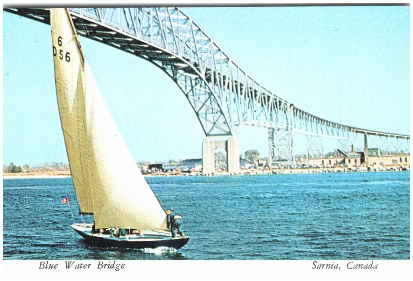 Vintage Postcard Sarnia Ontario Canada View of Blue Water Bridge Sailboat