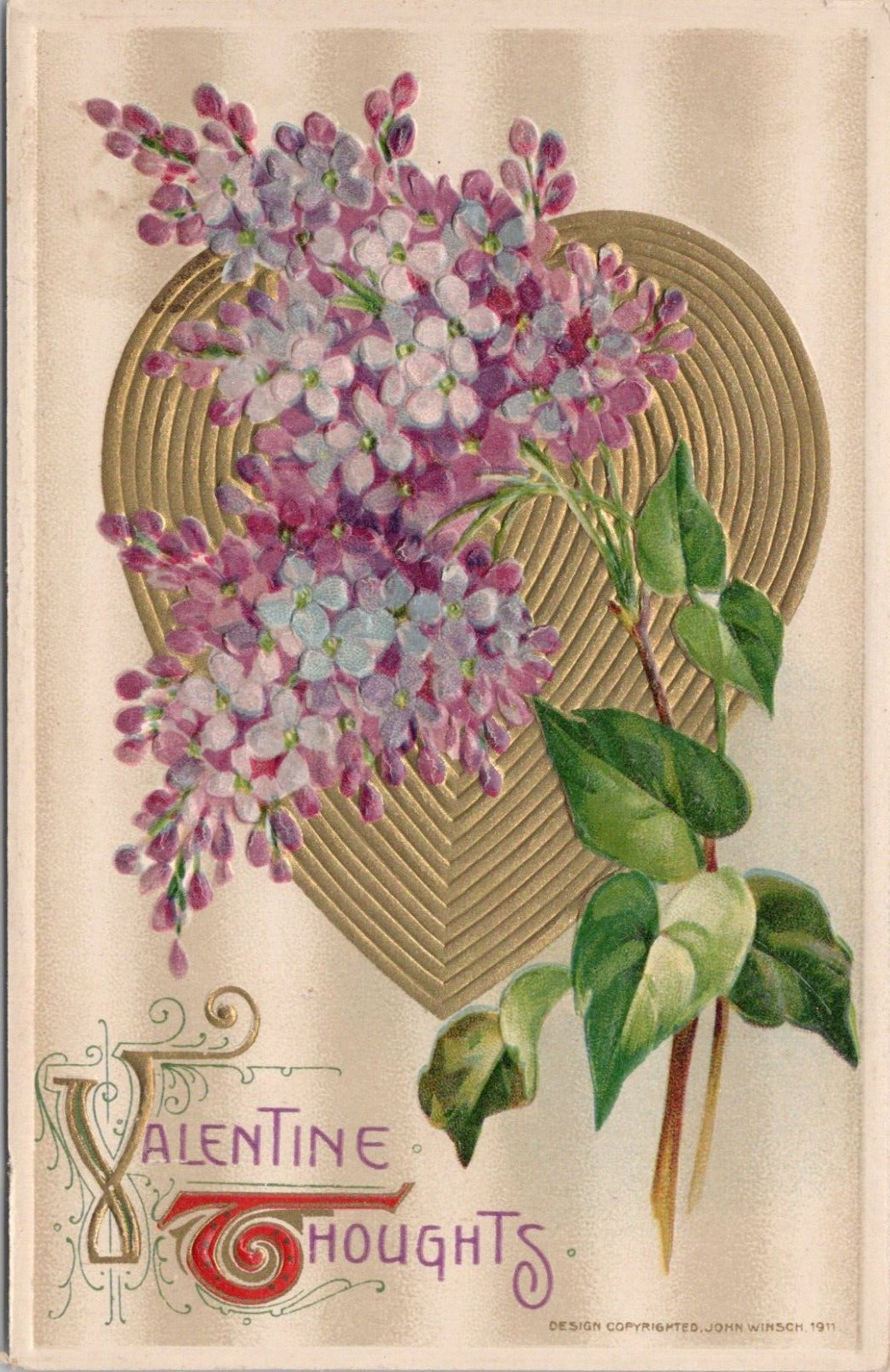 Lithograph Valentine\'s Day Purple Flowers & Golden Heart John Winsch 1911