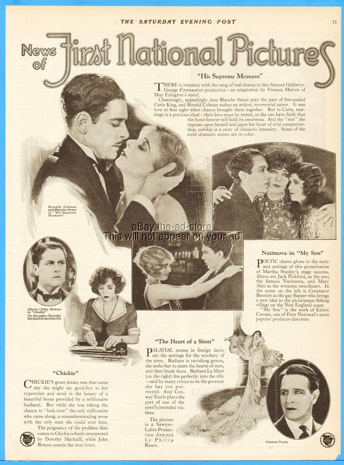1925 Nazimova Blanche Sweet Ronald Colman John Bowers First National Picture Ad