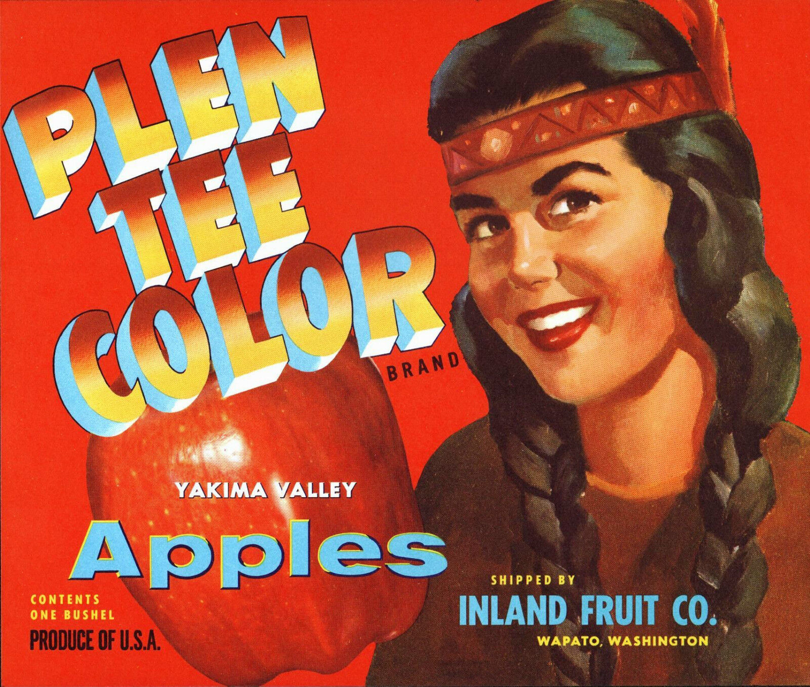 *Original* PLEN TEE COLOR Indian Maiden RED Wapato Wa Apple Label NOT A COPY