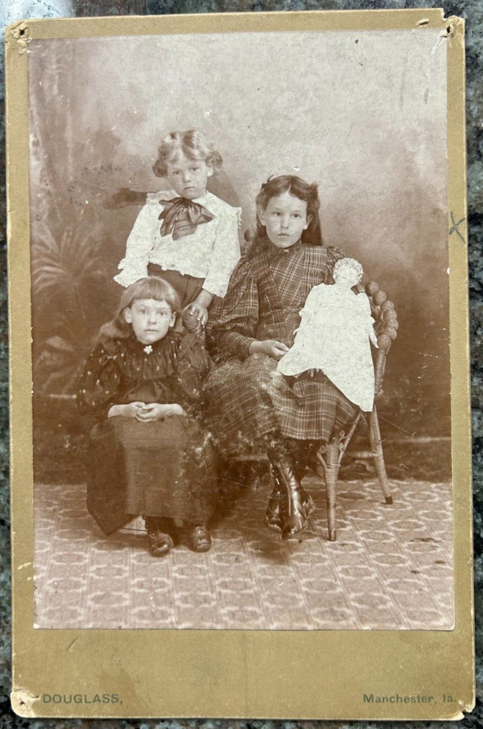 Antique Photo Young Kids Siblings one with Doll in Portrait Early 1900's?