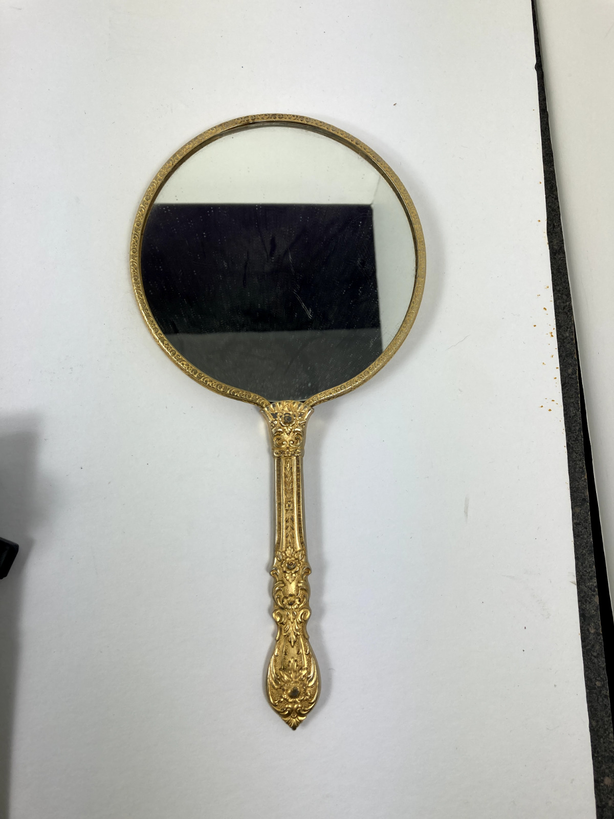 Vintage Hand Held Mirror 2 Sided Gold Color Ornate