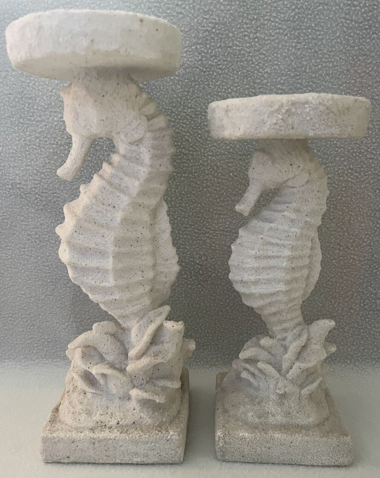Set Of 2 Seahorse Candle Holders Off White Faux Sand Finish Beach Ocean Decor