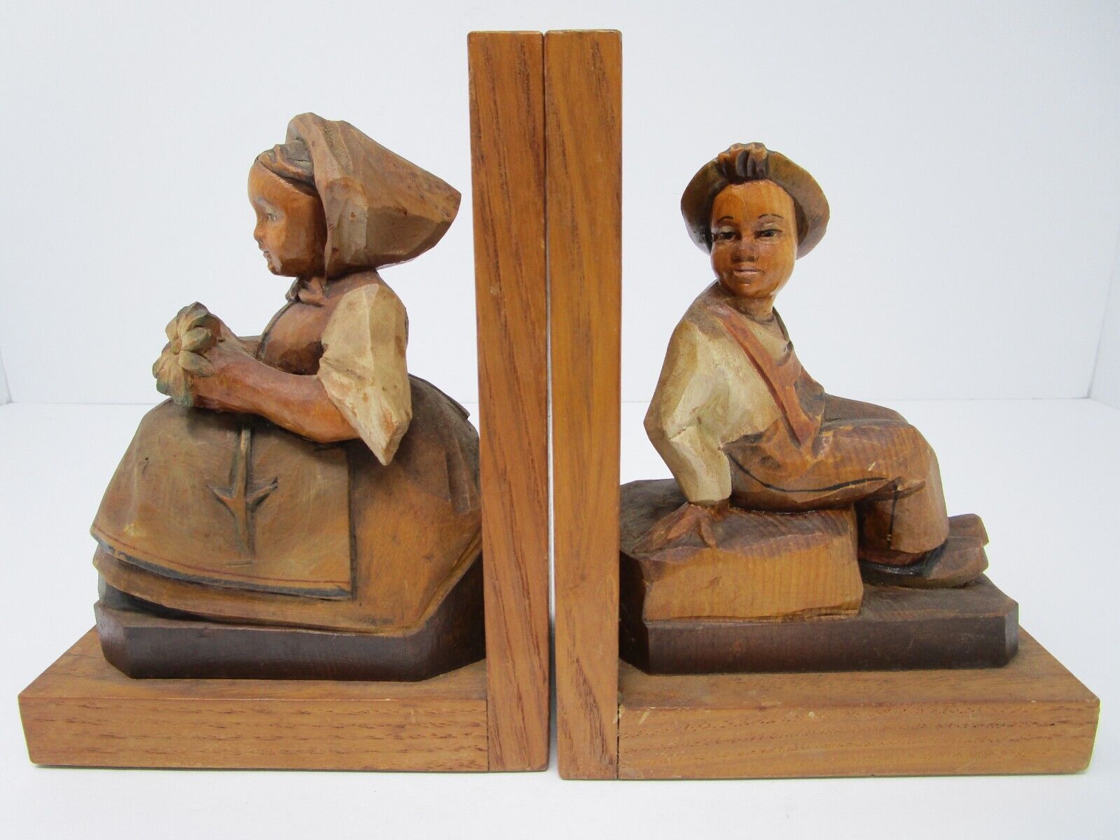 Vintage Hand Carved Wooden Bookends Boy & Girl OTCO Trademark Made in Italy