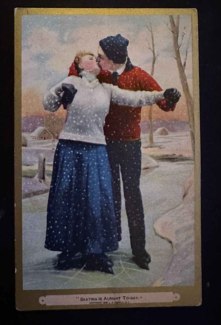 Man & Woman Ice Skating ~Antique Romance Greetings Postcard~g933
