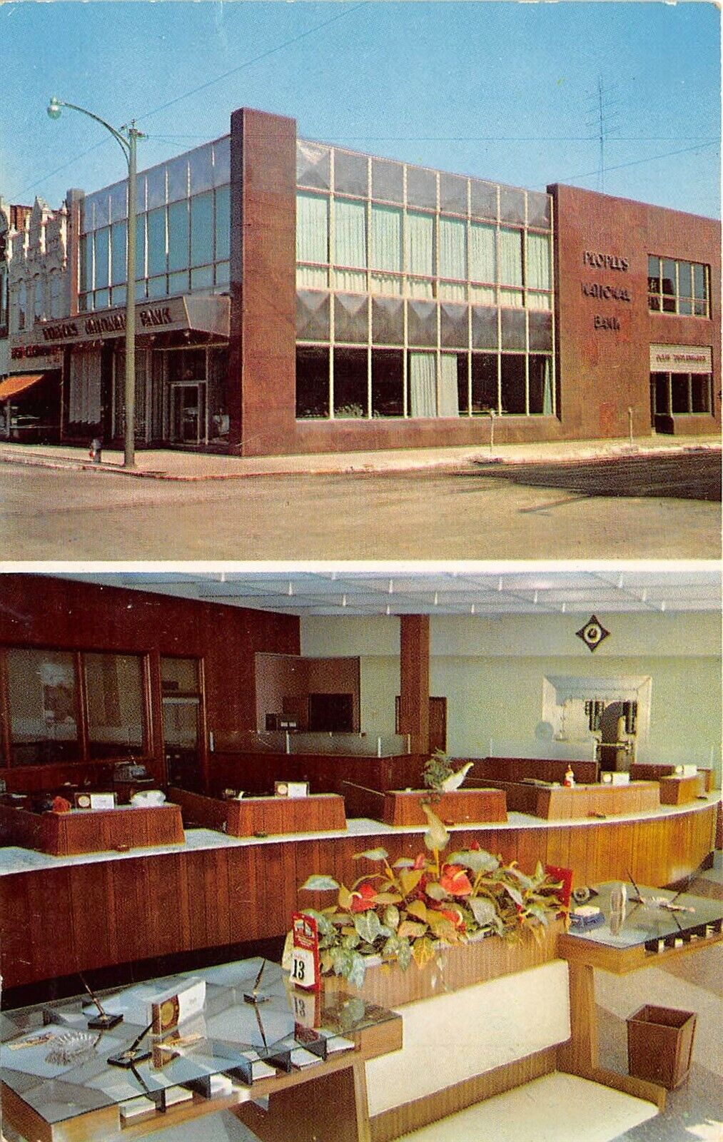 Delphos Ohio 1950-60s Postcard The Peoples National Bank Multiview Lobby
