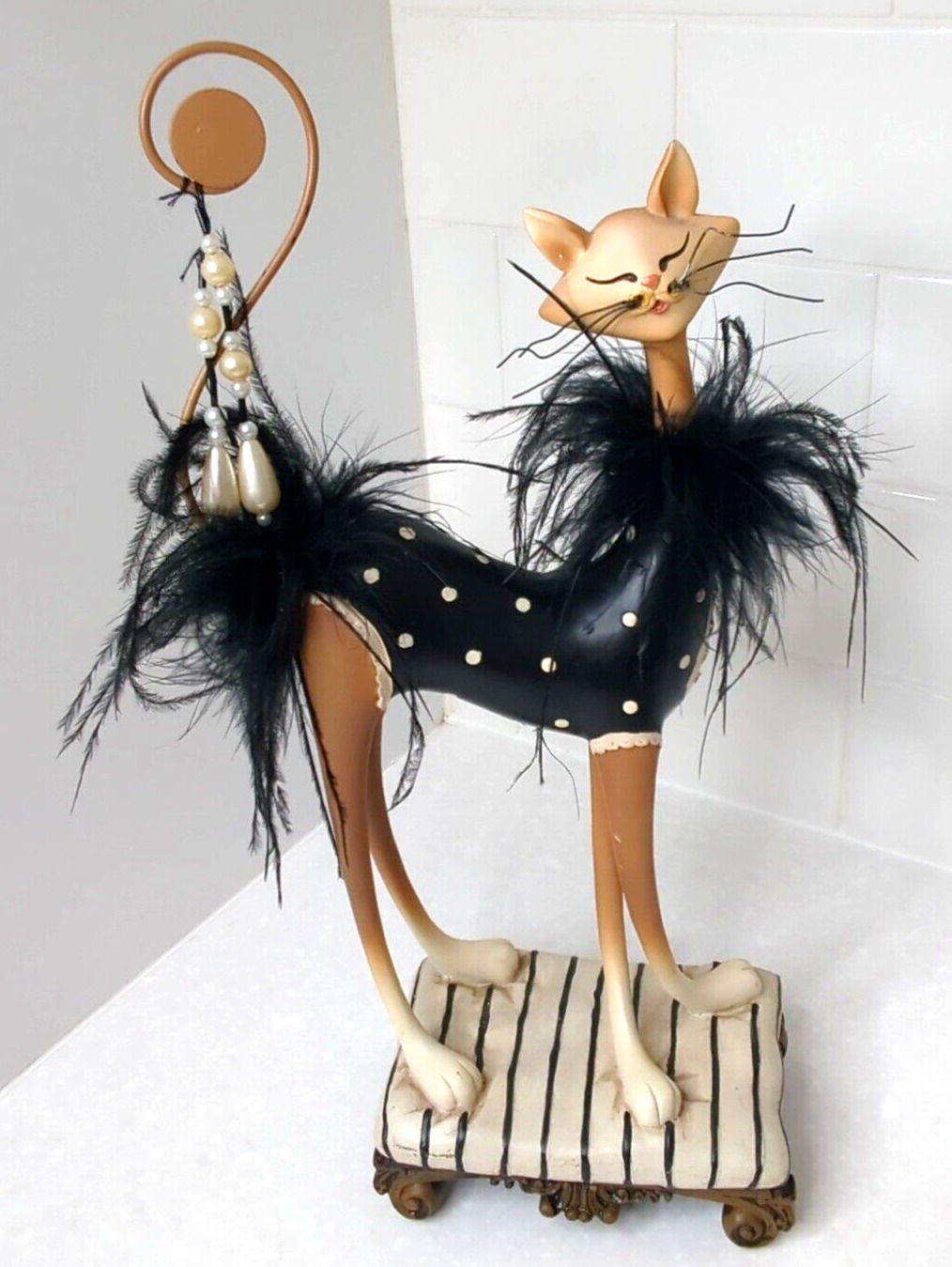 Enesco Fanciful Felines Cat Figurine Parisian Maid Feathers Polka Dots Scarce