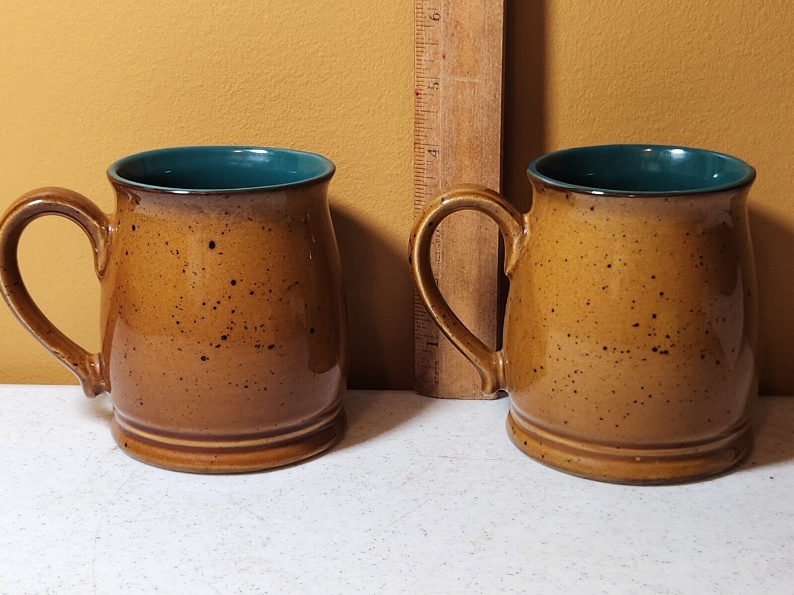 (2) Trisa-Style Brown & Blue Stoneware Pottery Splatter Pattern Coffee TEA Mugs