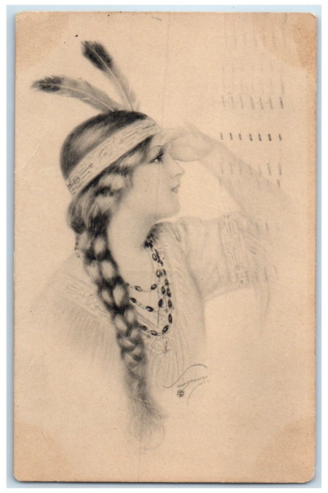 1914 Pretty Woman Feather Braided Hair Brooklyn NY Native American Postcard