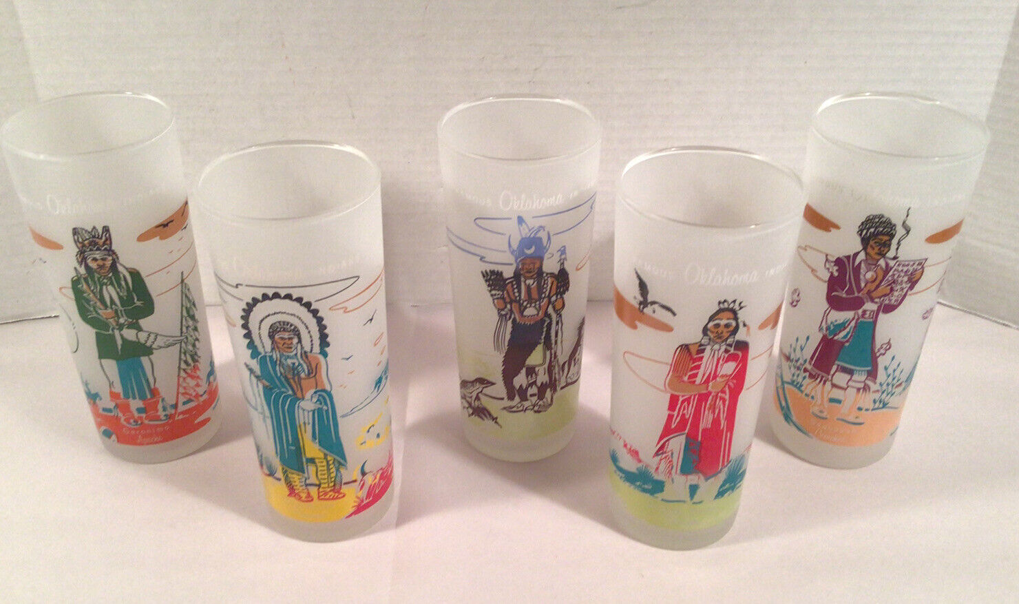 Set Of 5 Vintage Knox Oil Famous Oklahoma Indians Frosted Glasses