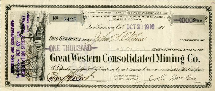 Great Western Consolidated Mining Co. - Stock Certificate - Mining Stocks