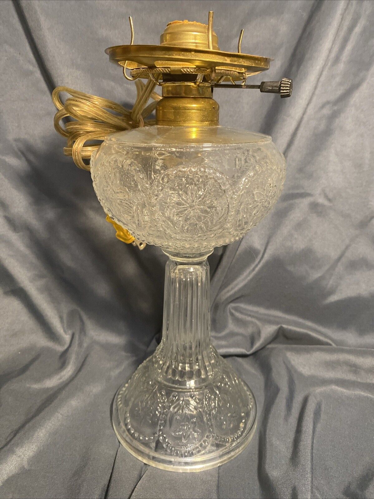 Antique Pedistal Kerosene Oil Lamp Converted Depression Glass