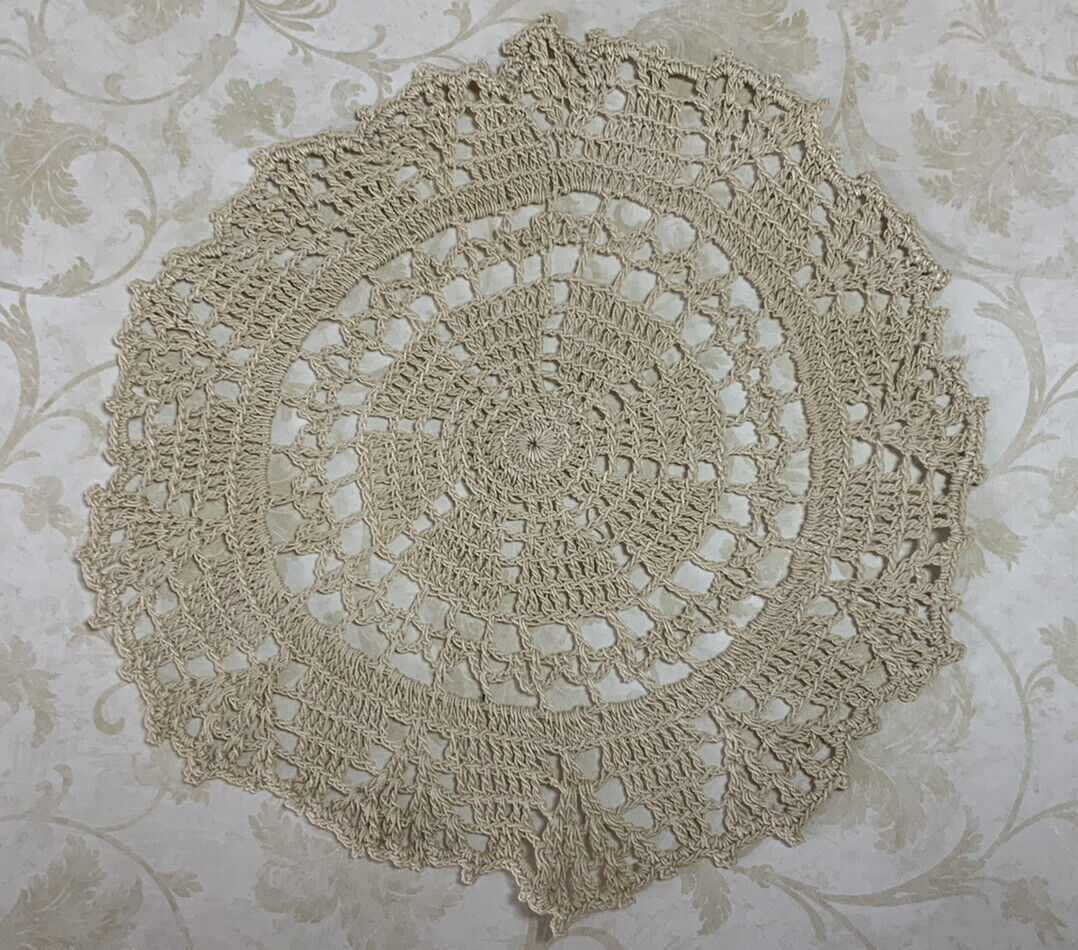 Vintage Round Small Hand Crocheted Doily, Flower Design, Beige, Cotton