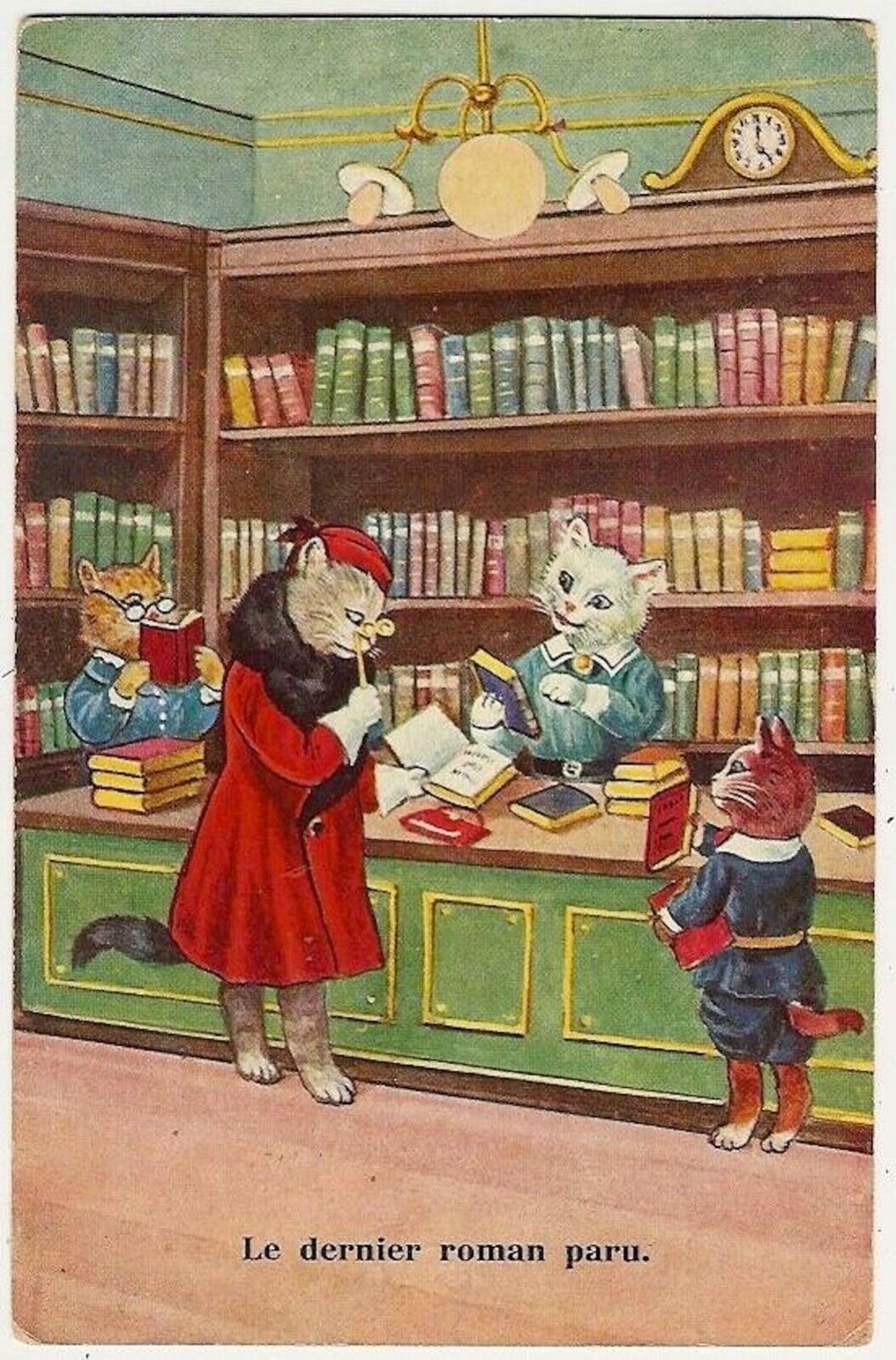 Postcard: Vintage Print - Stylish Cat at a French Bookstore \