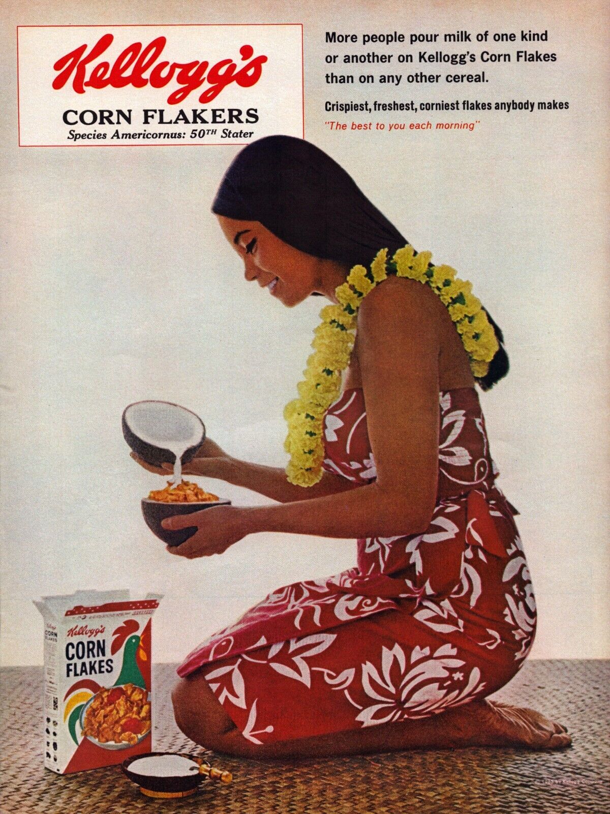 Kellogg\'s Corn Flakes Hawaiian Girl Coconut Milk 1965 Vintage Print Ad-C-2.1